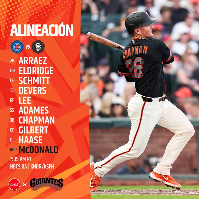 Luis Arraez - 2B
Bryce Eldridge - DH
Casey Schmitt - LF 
Rafael Devers - 1B
Jung Hoo Lee - RF
Willy Adames - SS
Matt Chapman - 3B
Drew Gilbert - CF
Eric Haase - C
RHP Trevor McDonald
