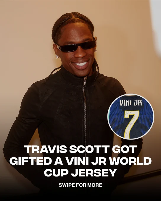 A person wearing sunglasses and smiling, accompanied by an image of a Vini Jr World Cup jersey. The mood is upbeat and celebratory.