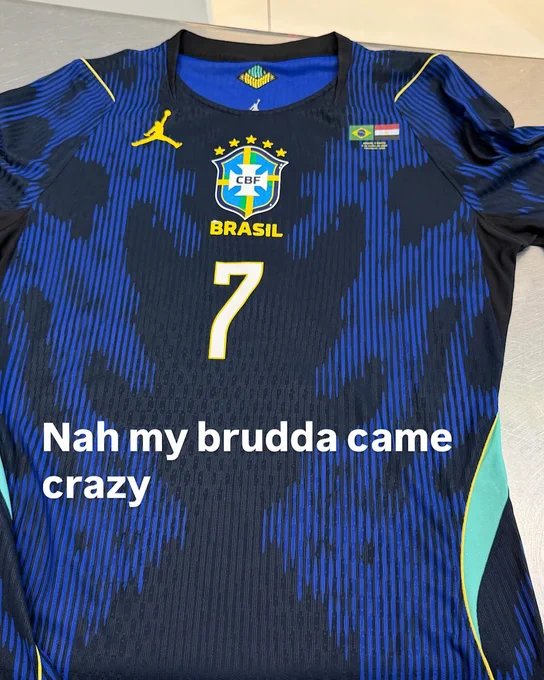 A Brazil soccer jersey featuring the number 7 with blue and yellow accents. The design includes text overlay for added emphasis.
