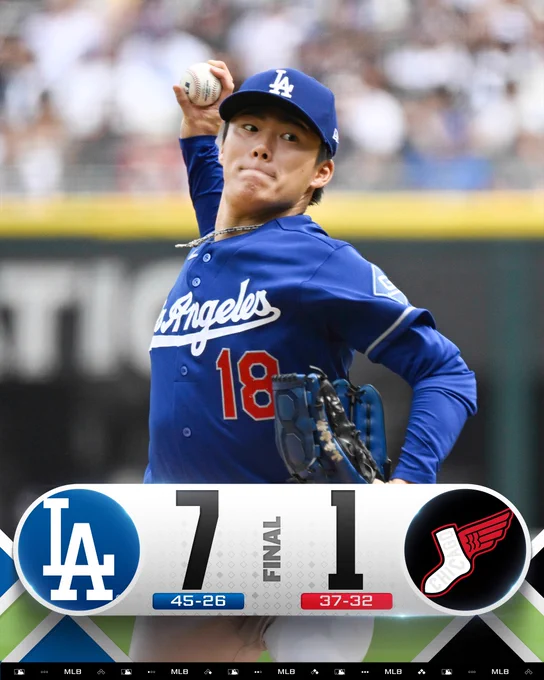 Final score graphic: 6/13/26
Dodgers: 7 (45-26), White Sox: 1 (37-32)
Pictured: Yoshinobu Yamamoto delivers a pitch in an alternate blue Dodgers uniform with white lettering.
