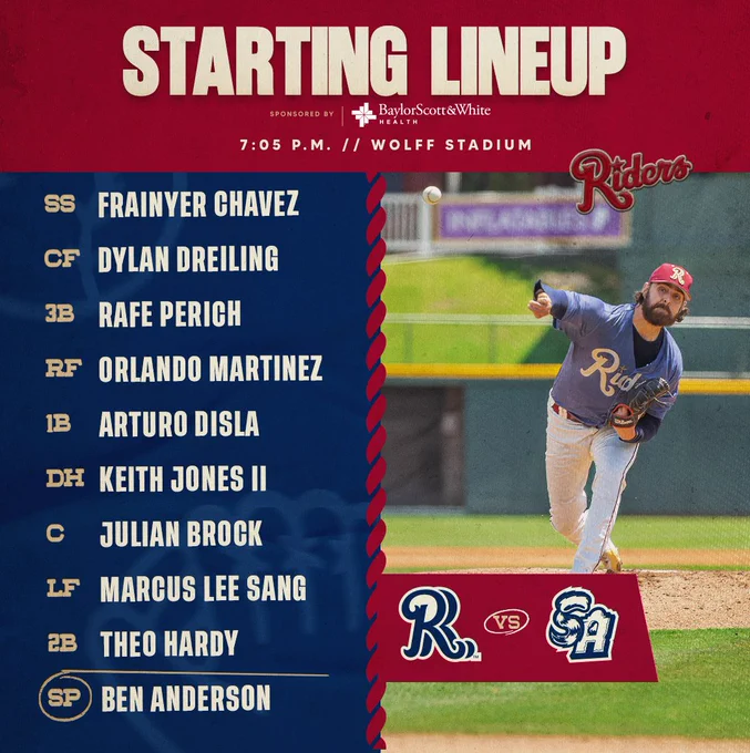 Chavez, SS
Dreiling, CF
Perich, 3B
Martinez, RF
Disla, 1B
Jones II, DH
Brock, C
Lee Sang, LF
Hardy, 2B
Anderson, SP