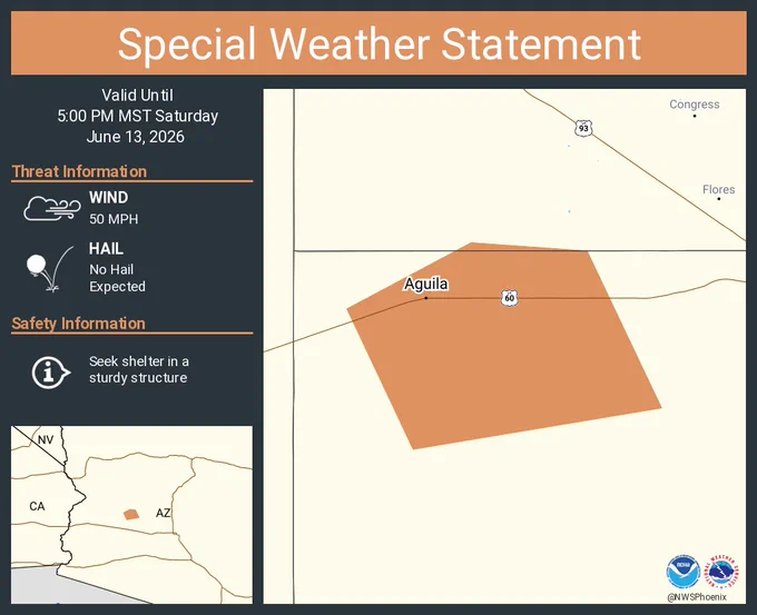 This graphic displays a special weather statement plotted on a map. The statement is in effect until 5:00 PM MST.  The statement includes Aguila AZ.  A STRONG THUNDERSTORM WILL IMPACT NORTHWEST MARICOPA COUNTY THROUGH 500 PM MST. The threats associated with this storm are wind gusts up to 50 MPH and no hail is expected. Seek shelter in a sturdy structure until the storm passes.