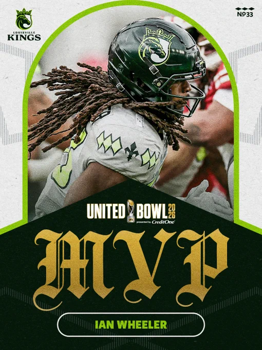 An image celebrating Ian Wheeler as the MVP of the 2026 United Bowl for the Louisville Kings. The design includes bold text and team branding.