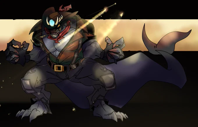 This piece, made by Camo, shows Ferroz in a battle stance, looking at the viewer with a ferocious expression.