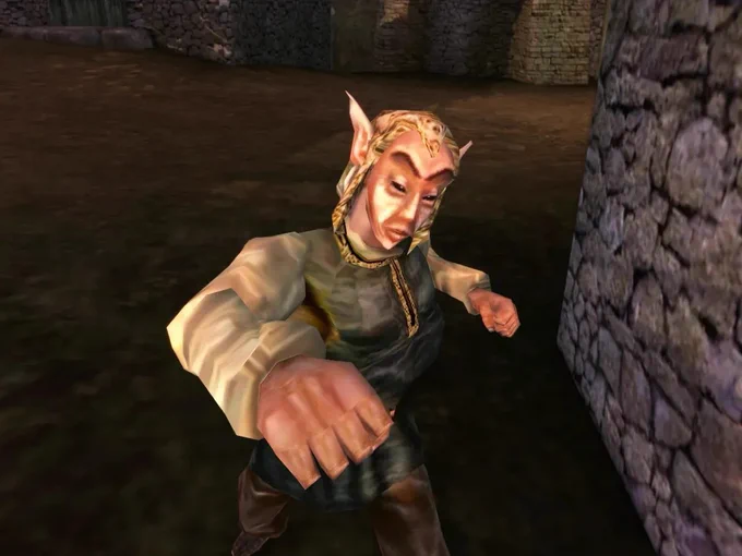 Fargoth punching towards the perspective of the camera in Morrowind