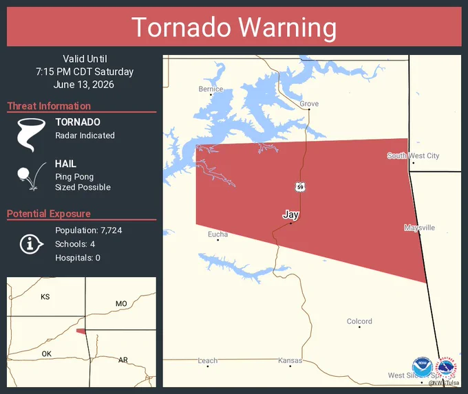 This graphic displays a tornado warning plotted on a map. The warning is in effect until 7:15 PM CDT. The warning includes Jay OK.  This warning is for Central Delaware County in northeastern Oklahoma. The threats associated with this warning are a radar indicated tornado and ping pong sized hail. There are 7,724 people in the warning along with 4 schools and 0 hospitals.