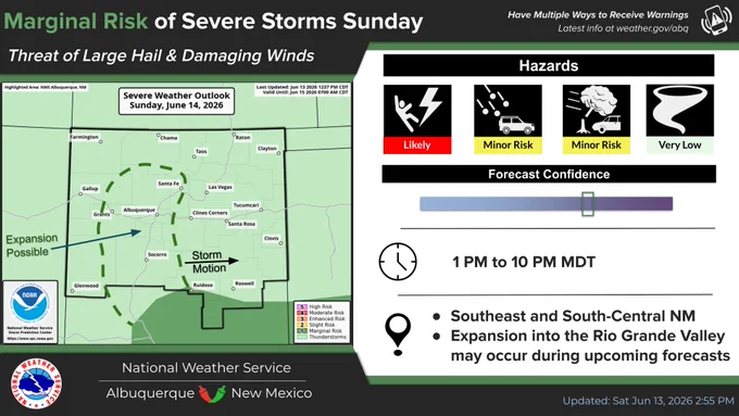 chart shows a marginal risk for severe storms Sunday over parts of southern and possibly central NM