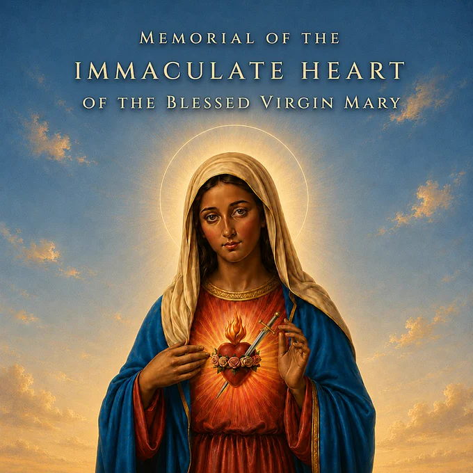 A devotional graphic for the Memorial of the Immaculate Heart of the Blessed Virgin Mary. Mary is shown from about the waist up, standing beneath a blue sky with golden clouds and a glowing halo around her head. She has warm brown skin, dark eyes, and a cream-colored veil, and wears a red robe with a blue mantle. One hand points gently toward her Immaculate Heart, which is radiant, aflame, encircled with roses, and pierced by a sword. At the top, gold text reads: “Memorial of the Immaculate Heart of the Blessed Virgin Mary.”
