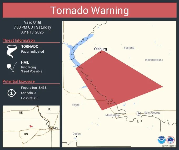 This graphic displays a tornado warning plotted on a map. The warning is in effect until 7:00 PM CDT. The warning includes Olsburg KS.  This warning is for Central Riley County in northeastern Kansas and West central Pottawatomie County in northeastern Kansas. The threats associated with this warning are a radar indicated tornado and ping pong sized hail. There are 3,438 people in the warning along with 3 schools and 0 hospitals.