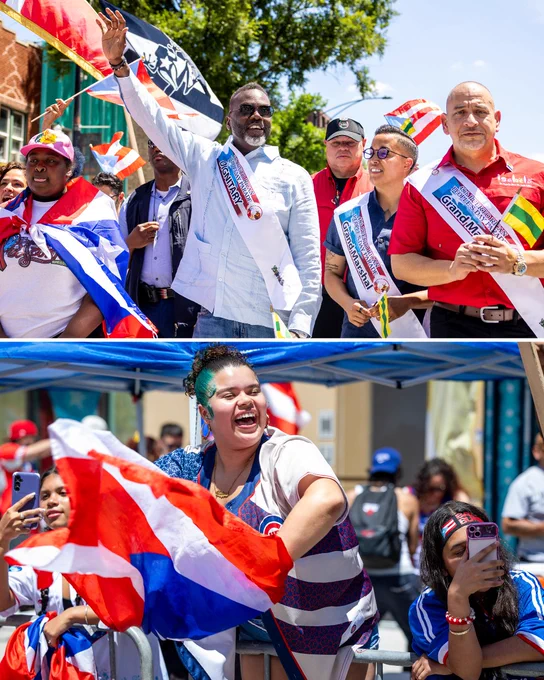 2. Top: Mayor Johnson, Alderperson Jessie Fuentes, Congresswoman Delia Ramirez, Isabela, Puerto Rico Mayor Ricky Mendez, and other community leaders wave and march at the Puerto Rican People's Day Parade in Humboldt Park. Bottom: A Puerto Rican Chicagoan woman, with hair partially dyed blue and in a Cubs jersey, excitedly waves a Puerto Rican flag over the barrier  at the Puerto Rican People's Day Parade in Humboldt Park.