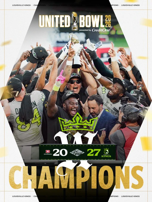 The Louisville Kings celebrate their victory at the United Bowl 2026, holding the trophy high amidst cheering and jubilation. The mood is triumphant and ecstatic.