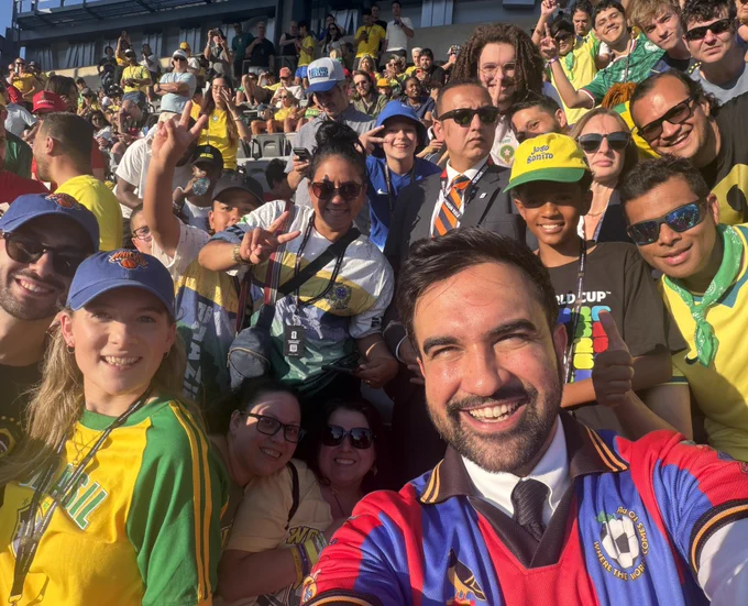 Mayor Mamdani attends the match between Morocco and Brazil with some of the New Yorkers who won the World Cup affordable tickets lottery.