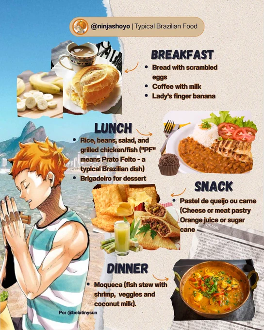 collage of hinata shoyo eating in brasil, alongside the pics of typical meals from the country