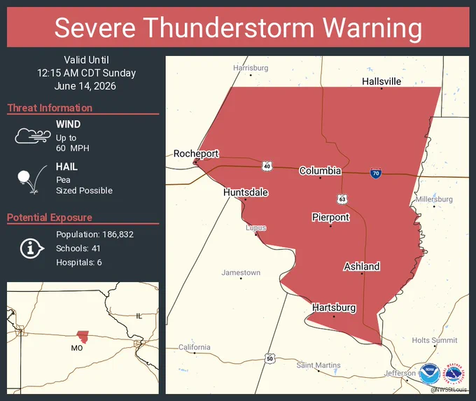 This graphic displays a severe thunderstorm warning plotted on a map. The warning is in effect until 12:15 AM CDT. The warning includes Columbia MO, Ashland MO and Hallsville MO.  This warning is for Boone County in central Missouri. The threats associated with this warning are wind gusts up to 60 MPH and pea sized hail. There are 186,832 people in the warning along with 41 schools and 6 hospitals.