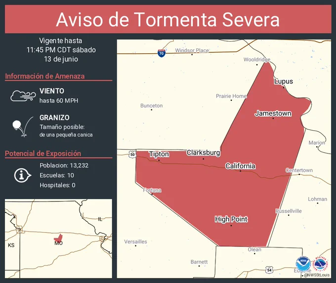 Este gráfico muestra la localización en el mapa de un aviso de tormenta severa. El aviso estará en efecto hasta las 11:45 PM CDT. El aviso incluye a California MO, Tipton MO, Jamestown MO. El aviso incluye el condado de Moniteau . Las amenazas asociadas a este aviso son: ráfagas de viento de 60 MPH y granizo del tamaño de una pequeña canica. Hay 13,232 personas bajo este aviso incluyendo 10 escuelas y 0 hospitales.