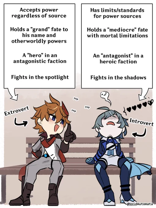 Tartaglia:
- Accepts power regardless of source
- Holds a "grand" fate to his name and otherworldly powers 
- A "hero" in an antagonistic faction
- Fights in the spotlight 
- Extrovert

Lohen: 
- Has limits/standards for power sources
- Holds a "mediocre" fate with mortal limitations
- An "antagonist" in a heroic faction
- Fights in the shadows 
- Introvert

(Tartaglia is yapping endlessly) 
(Lohen is passed out from social exhaustion)