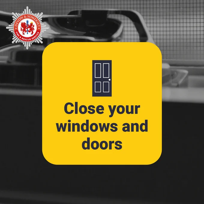 An icon of a window pane and text that reads 'Close all windows and doors' sits on a yellow square