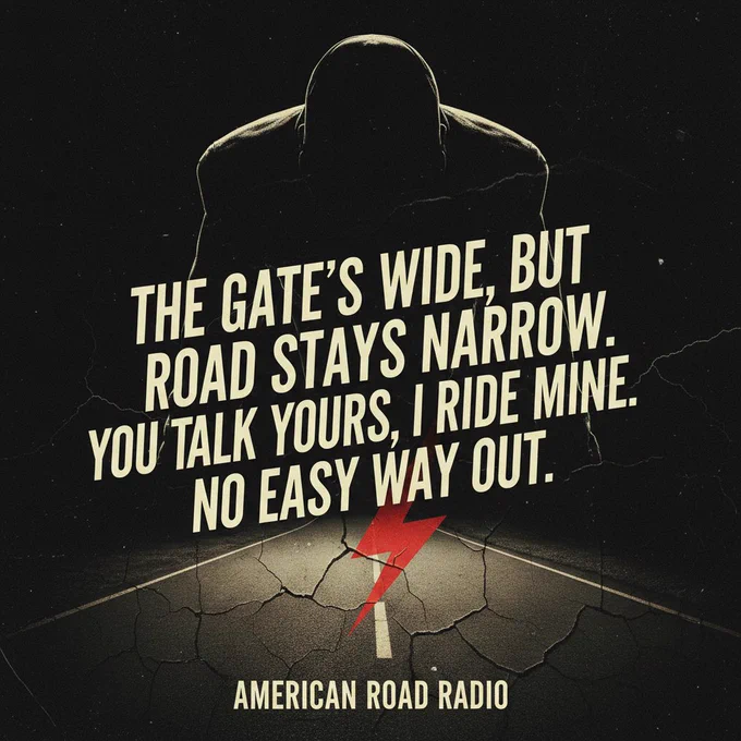 AmericanRoadRadio #TexasVibes #WesternMood #DarkAesthetic #OutlawEnergy #RoadLife #NoEasyWayOut #WideGateNarrowRoad #BoldDesign #CinematicPoster #AggressiveStyle #VintageNoir #StreetPoetry #HardTruths #RideOrDie #MidnightDrive #RedLightning #PosterArt #USAStyle #ViralPost