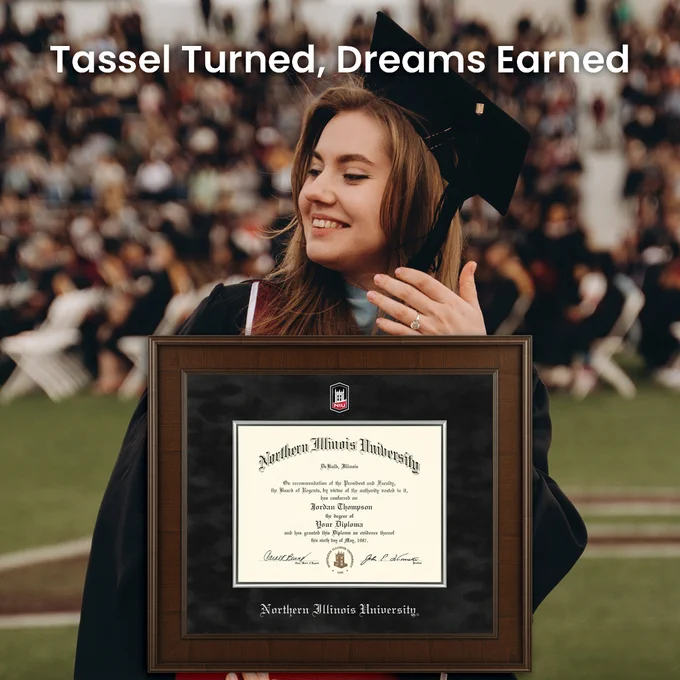 A person in a graduation cap and gown smiling in a stadium setting. A framed Northern Illinois University diploma is shown in the foreground. The text "Tassel Turned, Dreams Earned" is displayed above.
