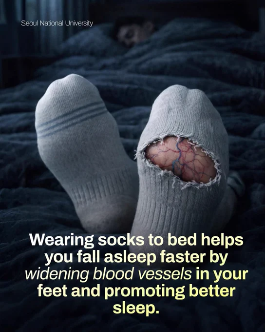Wearing socks to bed can help you fall asleep faster and improve overall sleep quality. 
When your feet are warm, blood vessels widen through a process called vasodilation, which helps lower core body temperature and signals the brain that it’s time to sleep. 
A study conducted by researchers at Seoul National University found that participants who wore socks to bed fell asleep more quickly, slept longer, and experienced fewer nighttime awakenings. 
The warming of the feet enhances heat redistribution, supporting the body’s natural sleep initiation process. 
This simple habit may be especially beneficial for people who struggle with cold feet at night.