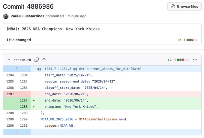 Screenshot of Github showing the plaintextsports commit that sets the Knicks as NBA Champions