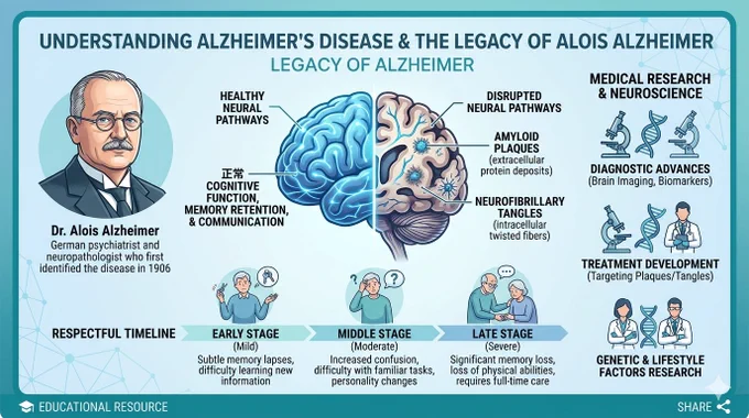 “Clean educational infographic of Alois Alzheimer, human brain with highlighted neural pathways, progression of memory loss illustrated respectfully, medical research and neuroscience theme, blue and teal tones, modern healthcare infographic style, high detail, social media ready.”