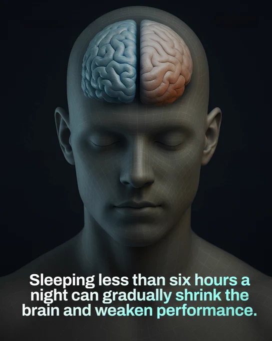 Sleeping less than six hours per night can cause measurable reductions in brain volume, particularly in the frontal regions responsible for focus and decision-making. 
Chronic sleep deprivation leads to a gradual loss of cortical gray matter, weakening neural connections over time. 
This reduction affects memory, emotional balance, and cognitive performance. 
The effects are subtle at first but accumulate with continued lack of rest. 
Prioritizing consistent, restorative sleep is essential to protect brain structure and maintain mental health. 