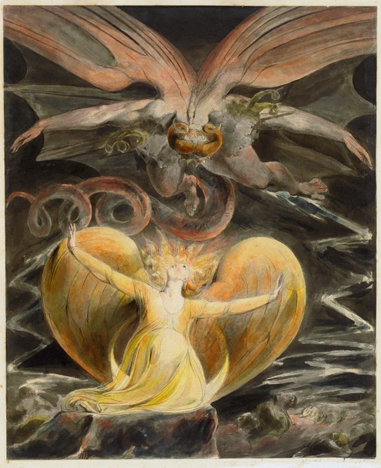 a kind of yin and yang painting: A winged woman painted in shades of yellow kneels on a rock and looks up at the creature/red dragon above her who has red-tinged wings, horns, a curlicuing tail, and charcoal gray skin. Her hair is painted like rays of sunlight, her arms are spread wide, wings in a heart shape. Creepy gray little faces with pale green horns pop up from his shoulders like a necklace, and more little guys line the bottom of the painting, looking up. The woman and the dragon each occupy half of the painting. 