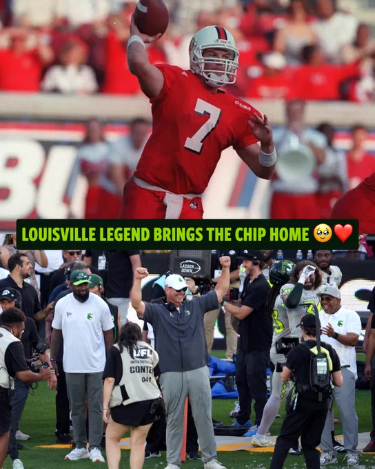 A football player in a red jersey throws a pass in an action shot, while a coach celebrates on the field surrounded by fans and team members. The image highlights triumph and excitement.