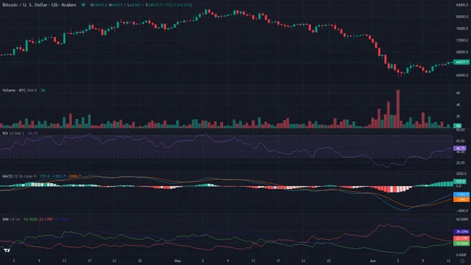BTCUSD 12h candles price chart between 2026-04-03T12:00:00Z and 2026-06-14T00:40:00Z with RSI, MACD and ADX indicator