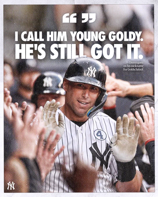 "I call him Young Goldy. He's still got it." - Domínguez on his nickname for Goldschmidt

Photo of GOldschmidt getting high-fives in the dugout. 