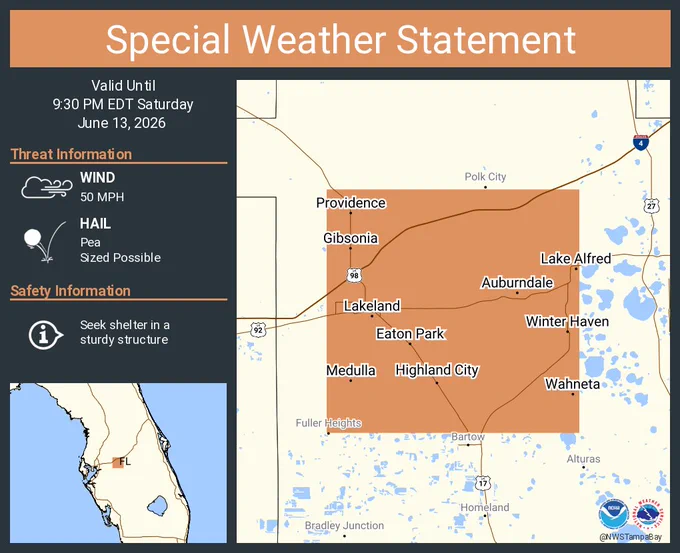 This graphic displays a special weather statement plotted on a map. The statement is in effect until 9:30 PM EDT.  The statement includes Lakeland FL, Winter Haven FL and  Auburndale FL.  A STRONG THUNDERSTORM WILL IMPACT WEST CENTRAL POLK COUNTY THROUGH 930 PM EDT. The threats associated with this storm are wind gusts up to 50 MPH and pea sized hail. Seek shelter in a sturdy structure until the storm passes.