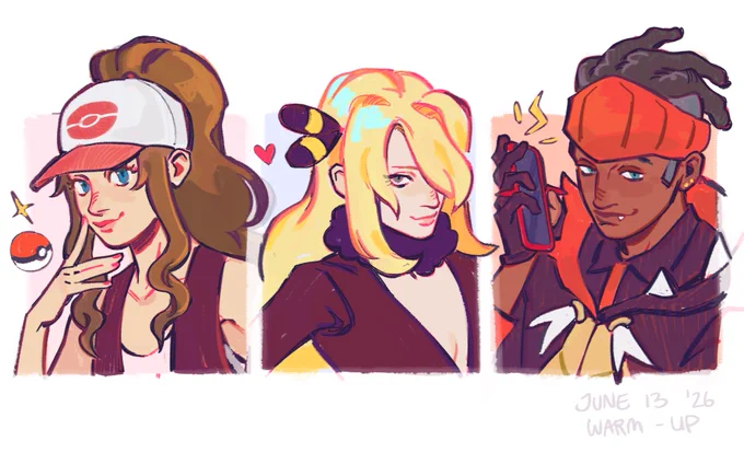 portraits of hilda (pokemon bw), cynthia (pokemon dppt), and raihan (pokemon swsh)