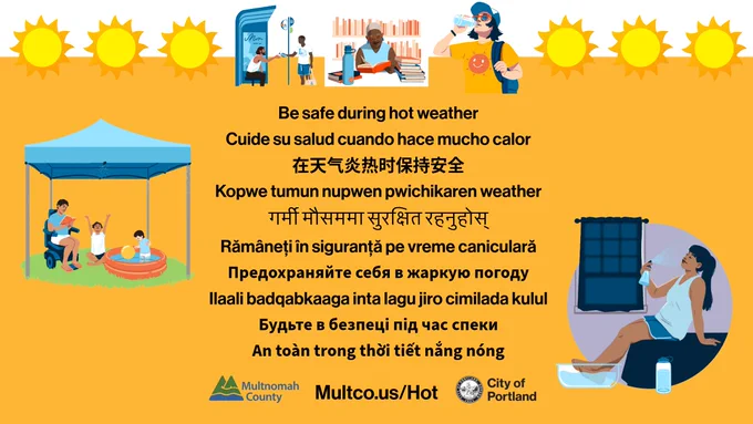 Cartoon images show people staying cool by drinking water, playing in the water, sitting in shade. Words read: Be safe during hot weather
Cuide su salud cuando hace mucho calor
在天气炎热时保持安全
Kopwe tumun nupwen pwichikaren weather
गर्मी मौसममा सुरक्षित रहनुहोस्
Rămâneți în siguranță pe vreme caniculară
Предохраняйте себя в жаркую погоду
Ilaali badqabkaaga inta lagu jiro cimilada kulul
Будьте в безпеці під час спеки
An toàn trong thời tiết nắng nóng
