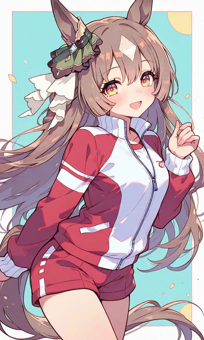 PixAI【Shiitake-Mix】satono diamond (umamusume), tracen training uniform, smile,open mouth,skipping, small breast,outside border, looking at viewer, cowboy shot,masterpiece,high resolution,high quality, ,high-res,Yuzukastyle, pastel colors,