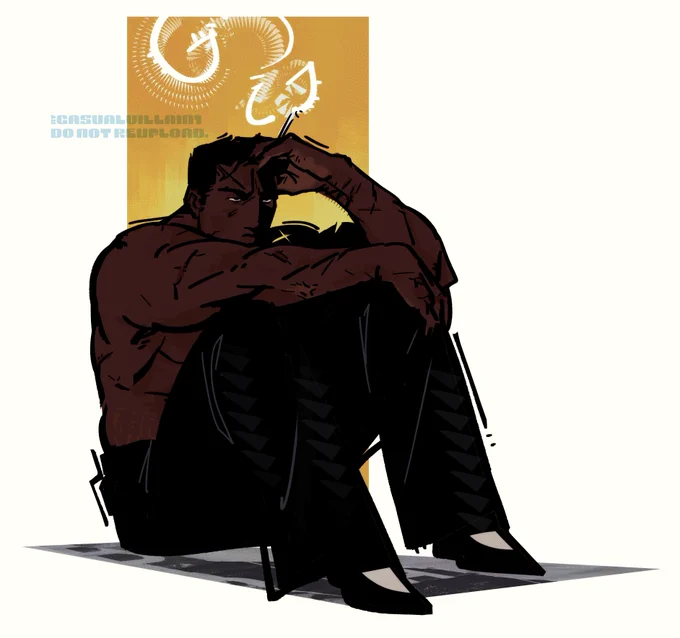 drawing of my oc zhang on a smoke break, sitting with his legs drawn up to rest his arm across his knee. the hand holding his cigarette is tousling his hair. zhang is a stocky man with short dark hair and scars all over his body, wearing black wide pants and black slippers.