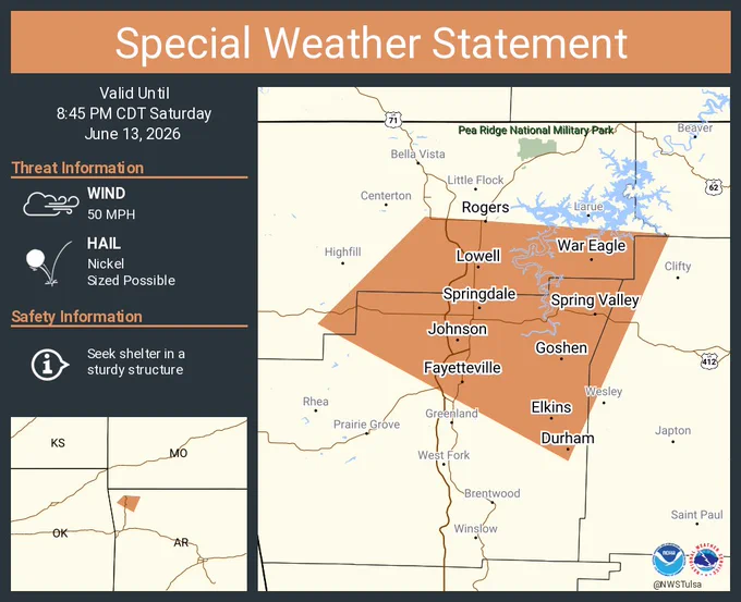 This graphic displays a special weather statement plotted on a map. The statement is in effect until 8:45 PM CDT.  The statement includes Fayetteville AR, Springdale AR and  Rogers AR.  A STRONG THUNDERSTORM WILL IMPACT CENTRAL BENTON and NORTHWESTERN MADISON AND NORTHEASTERN WASHINGTON COUNTIES THROUGH 845 PM CDT. The threats associated with this storm are wind gusts up to 50 MPH and nickel sized hail. Seek shelter in a sturdy structure until the storm passes.