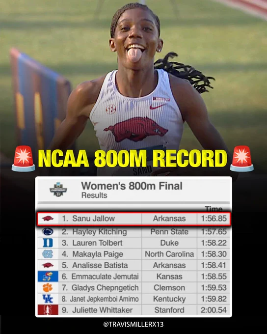 🚨SANU JALLOW-LOCKHART SHATTERS 800m NCAA RECORD BY A SECOND IN 1:56.85! 😝

Hayley Kitching also faster than Athing Mu's old record in second place!
