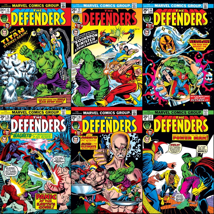 Defenders #12-17 cover dated February-November 1974.