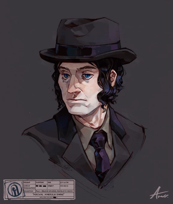 A drawing of a man with angular features, vivid blue eyes, wavy black hair, and a gray suit and hat. He looks off into the middle distance with an almost expressionless face.