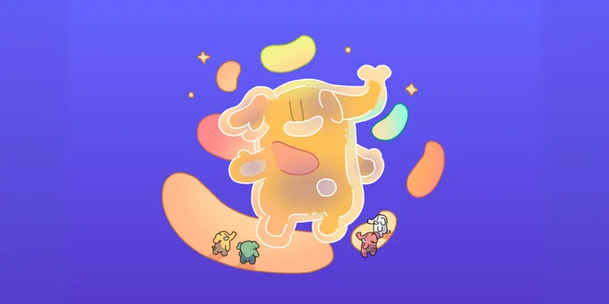 A large, friendly elephant character stands prominently, surrounded by playful, smaller elephants and colorful shapes on a purple background.