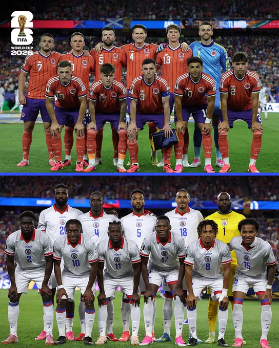 A splitscreen graphic with photos of Scotland and Haiti lining up for their FIFA World Cup 2026 fixture.