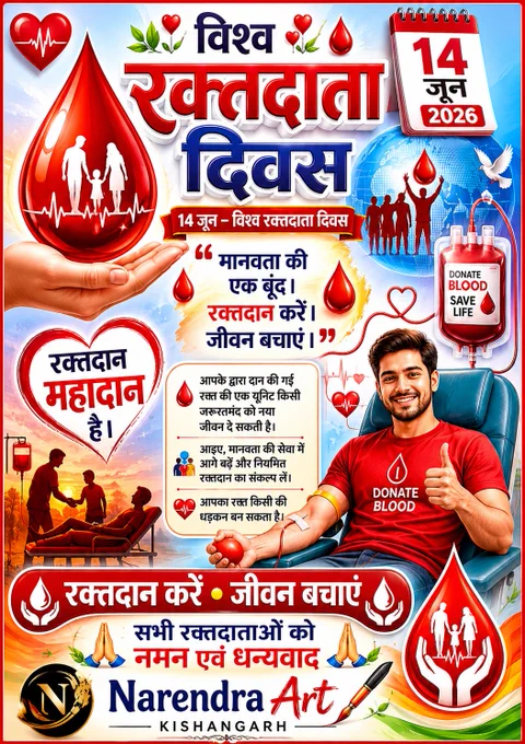 🩸❤️ विश्व रक्तदाता दिवस ❤️🩸

"मानवता की एक बूंद। रक्तदान करें। जीवन बचाएं।"

रक्तदान केवल दान नहीं, किसी के जीवन की नई उम्मीद है।
आपकी एक यूनिट रक्त तीन लोगों को नया जीवन दे सकती है।
आइए, मानवता की सेवा में आगे बढ़ें और नियमित रक्तदान का संकल्प लें।

🗓️ 14 जून – विश्व रक्तदाता दिवस

#WorldBloodDonorDay #DonateBloodSaveLives #रक्तदान_महादान #BloodDonation #GiveBlood #SaveLife #HumanityFirst #DonateBlood #WorldBloodDonorDay2026 #BeAHero #LifeSaver #रक्तदान_जीवनदान #narendraart #NarendraArtKishangarh #TrendingNow #ViralPost #SocialAwareness 🩸❤️