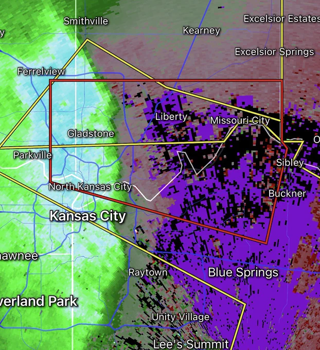 Velocity product showing line moving through Kansas City. Winds of 70-80 mph are being estimated via radar. A Tornado Warning is in effect for the northern portion of Kansas City, including Missouri City, Liberty, and Gladstone, MO till 9:00 PM CDT.
