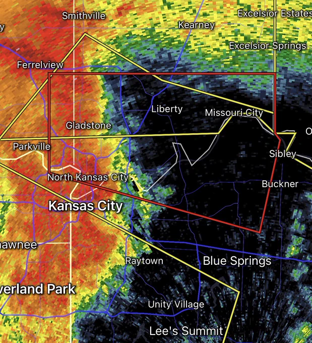 Reflectivity product showing line moving through Kansas City. A Tornado Warning is in effect for the northern portion of Kansas City, including Missouri City, Liberty, and Gladstone, MO till 9:00 PM CDT.