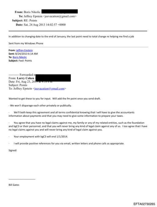 EFTA02730265: Email chain showing Jeffrey Epstein forwarding Bill Gates' employment agreement for science advisor Boris Nikolic, August 2013. Signed by Bill Gates.