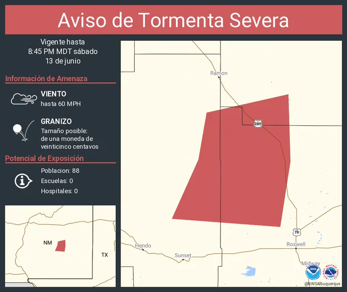 Este gráfico muestra la localización en el mapa de un aviso de tormenta severa. El aviso estará en efecto hasta las 8:45 PM MDT. El aviso incluye a Chaves County, NM. El aviso incluye el este centro del condado de Lincoln en el centro de New Mexico, el suroeste del condado de Baca en el este centro de New Mexico y el norte centro del condado de Chaves en el sureste de New Mexico. Las amenazas asociadas a este aviso son: ráfagas de viento de 60 MPH y granizo del tamaño de una moneda de veinticinco centavos. Hay 88 personas bajo este aviso incluyendo 0 escuelas y 0 hospitales.