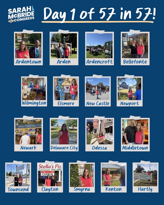 A graphic with photos of all 17 spots that Sarah visited during the first day of her 57 in 57 statewide tour