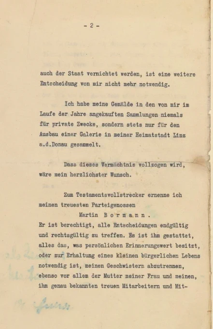 Adolf Hitler, politisches Testament und sein privates Testament.