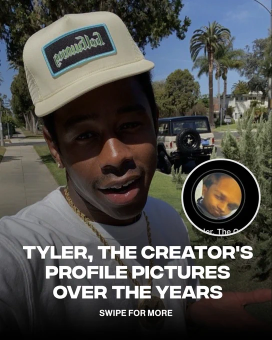 Image showcasing Tyler, The Creator's profile pictures over the years with a casual outdoor setting.